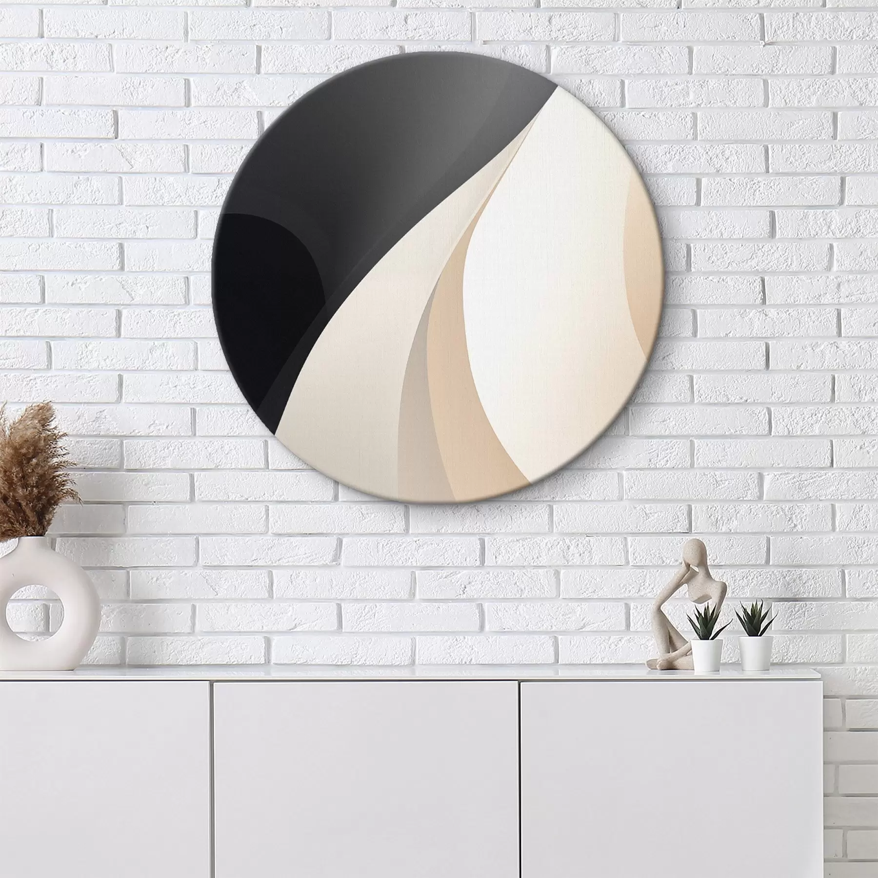  Schilderijen Strakke overlappende rondingen in antraciet, ivoor en zand r46493