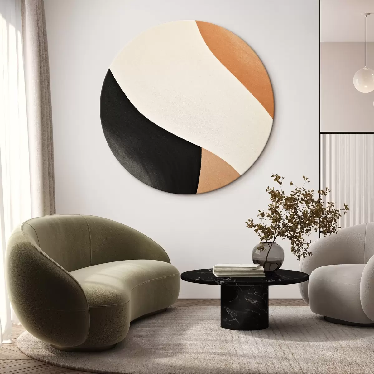 Ronde schilderijen Opvallende S-curve in crème, zwart en terracotta accent r46495