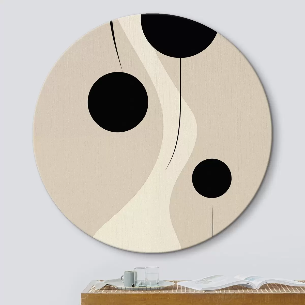 Ronde schilderijen Minimalistische cirkels op beige met vloeiende lijnen r46496