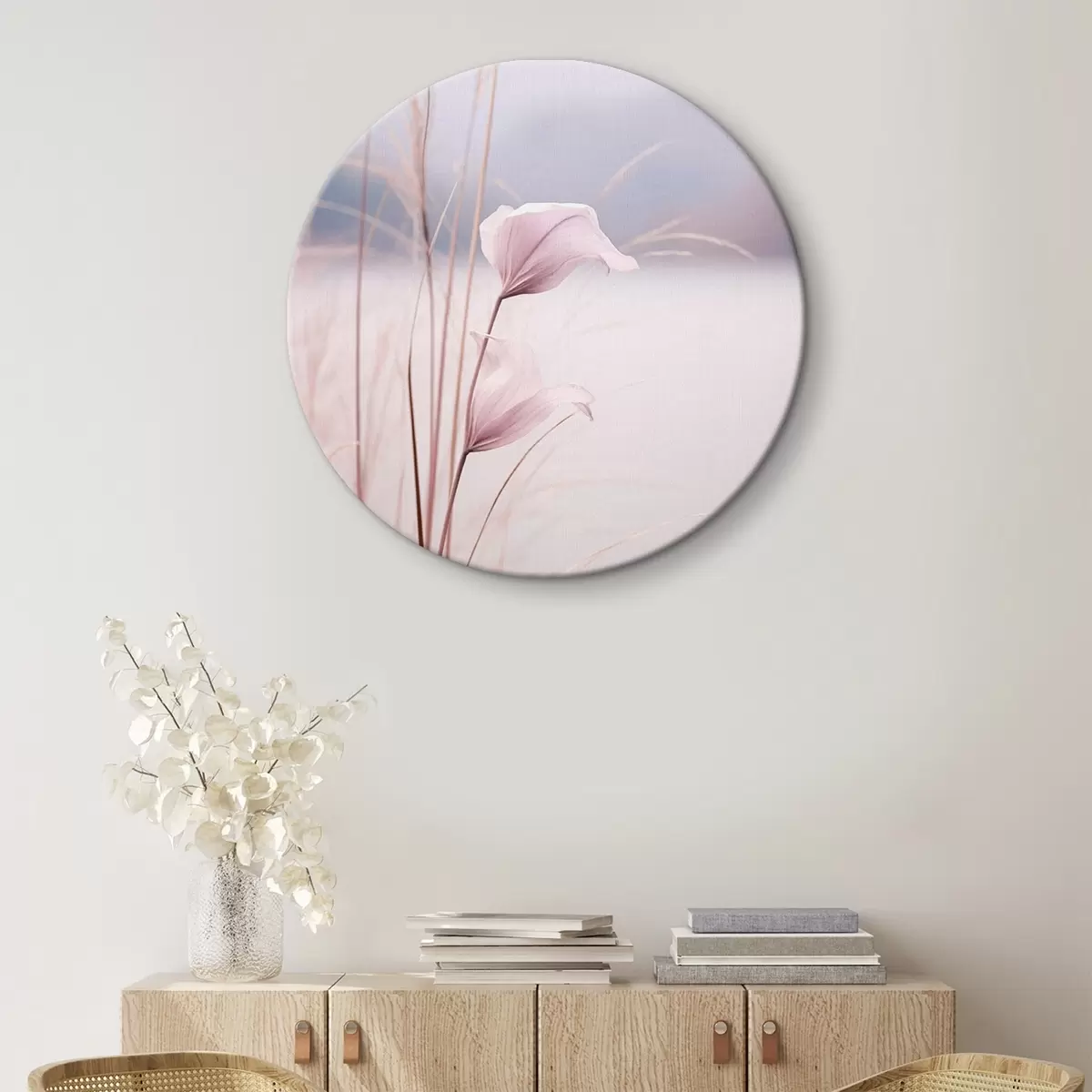 Ronde schilderijen Delicate roze bloesems aan een rustig meer r46503