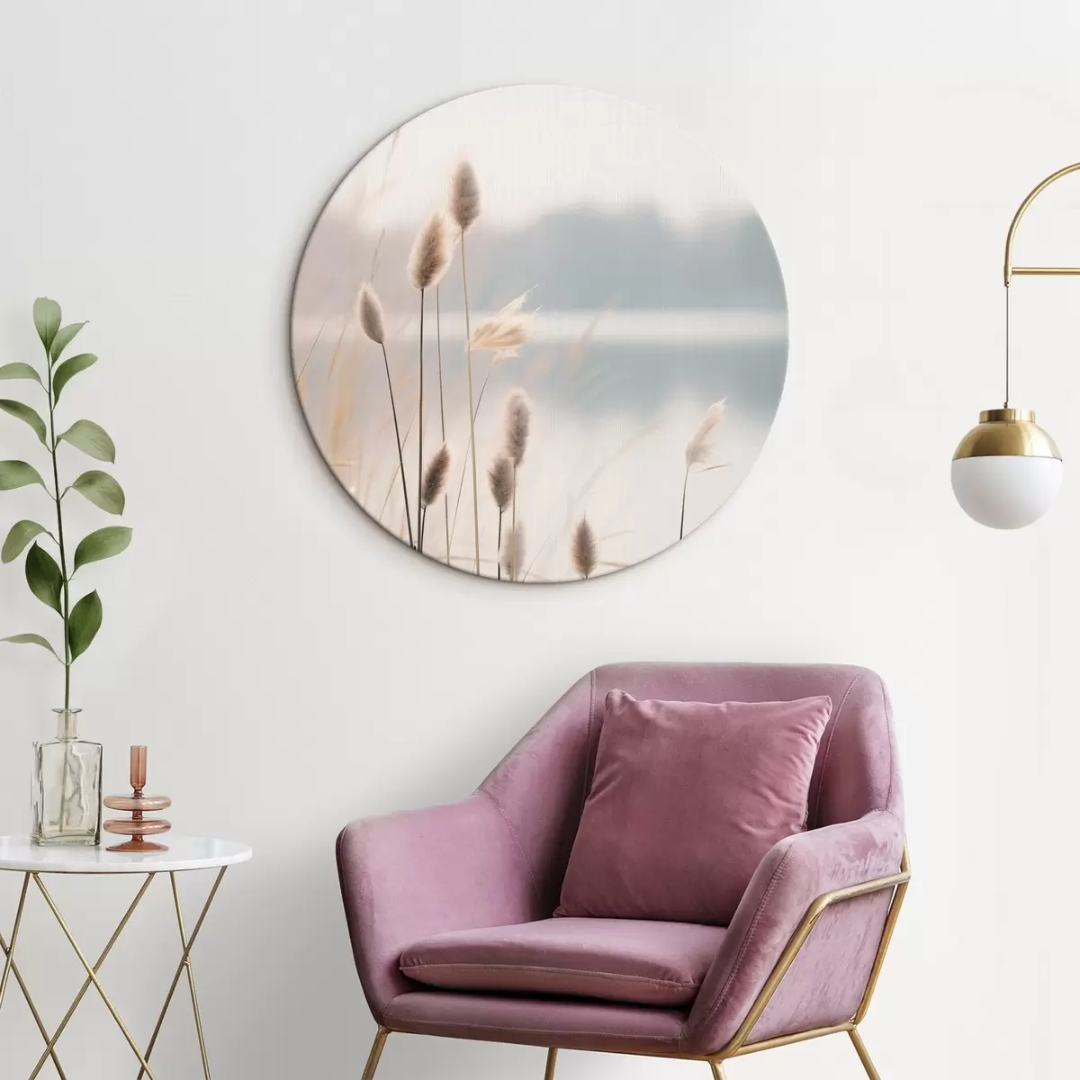 Ronde schilderijen Zachte rietkragen aan een mistige oever, pastelbeige tinten r46504