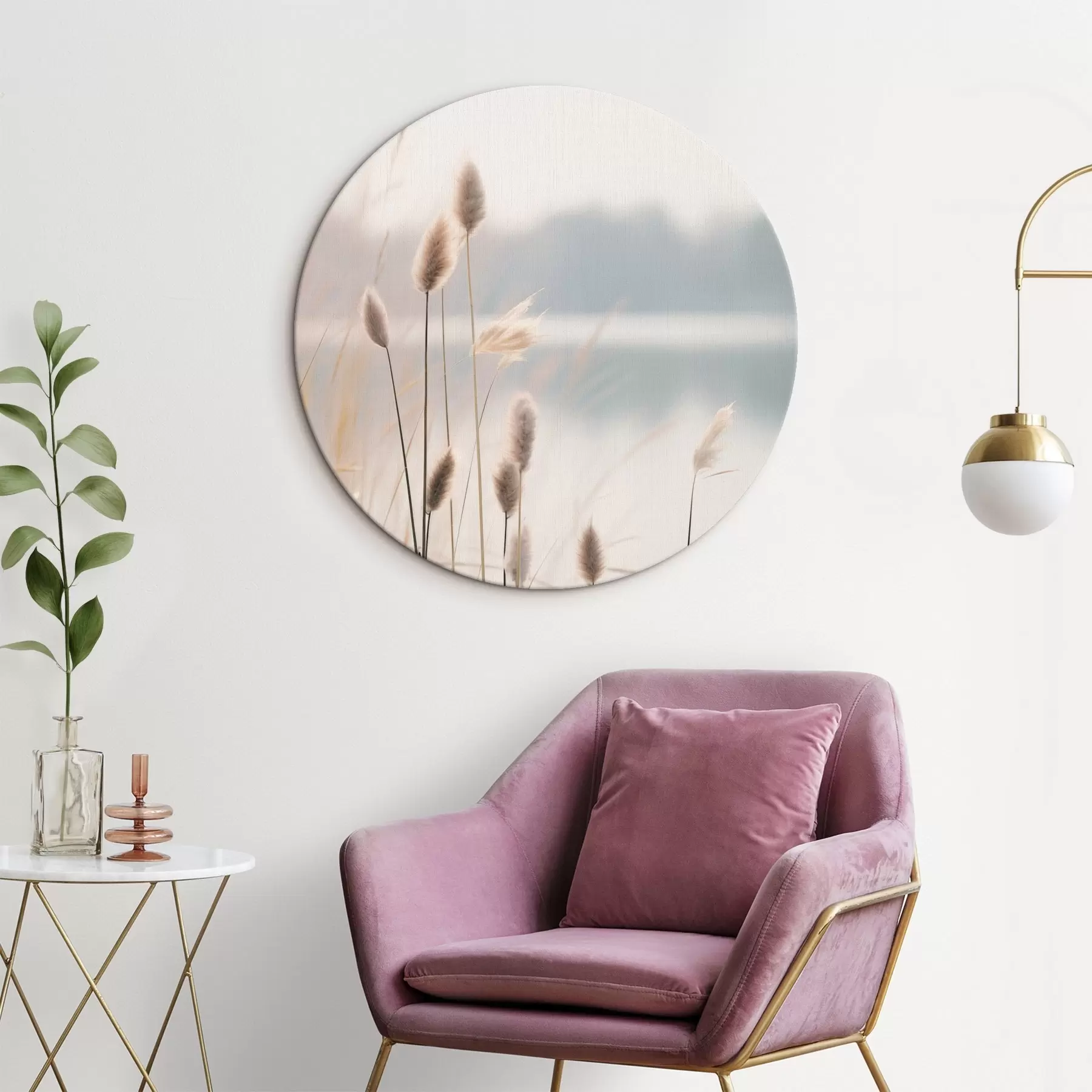  Schilderijen Zachte rietkragen aan een mistige oever, pastelbeige tinten r46504