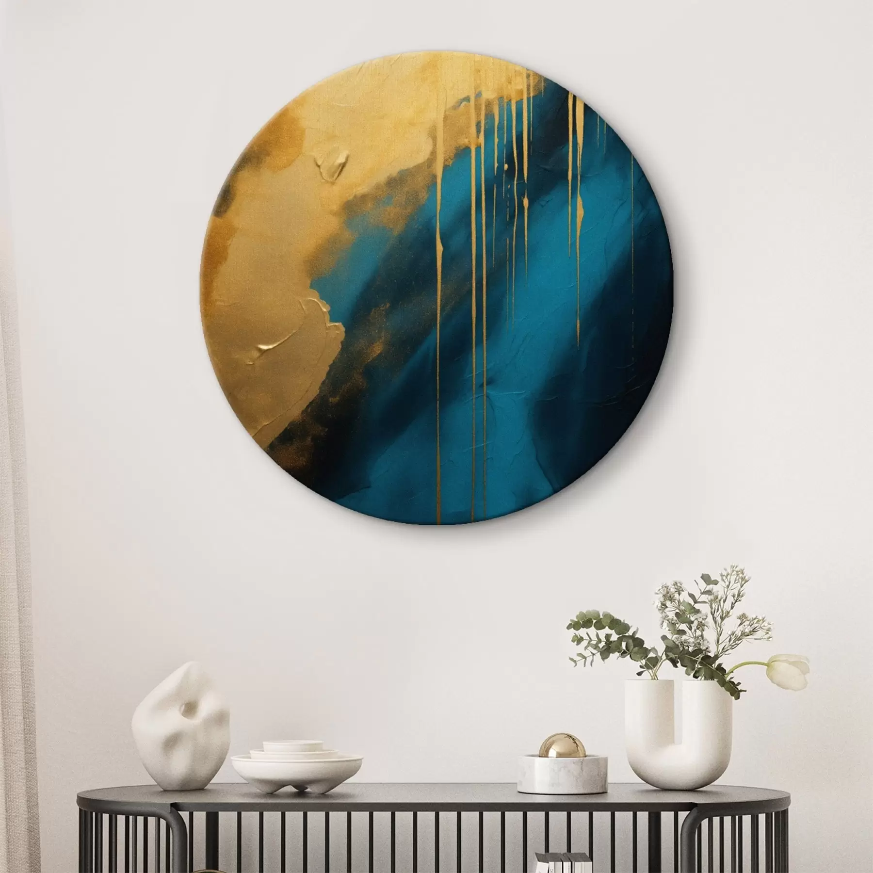  Schilderijen Teal en diepblauw abstract met vloeiende warme accenten r46509