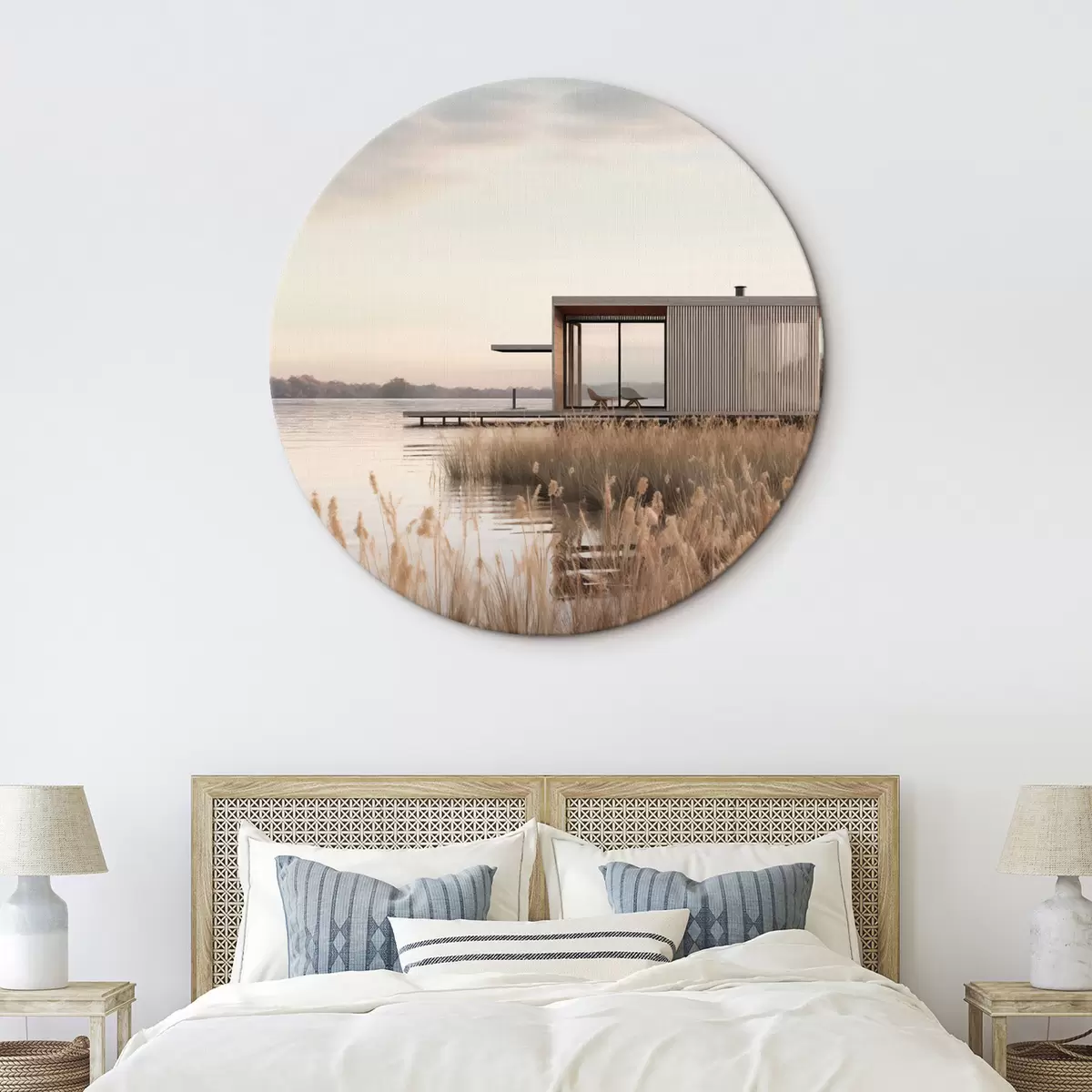 Ronde schilderijen Moderne hut aan het meer tussen het riet in de zachte schemering r46513