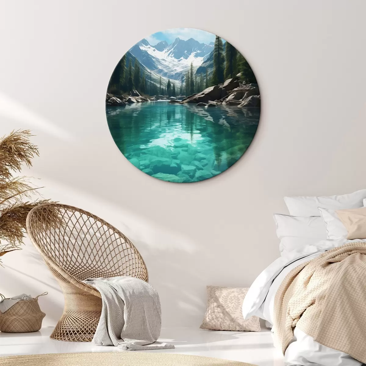 Ronde schilderijen Heldere bergbeek met rotsachtige bodem en besneeuwde bergtoppen r46514