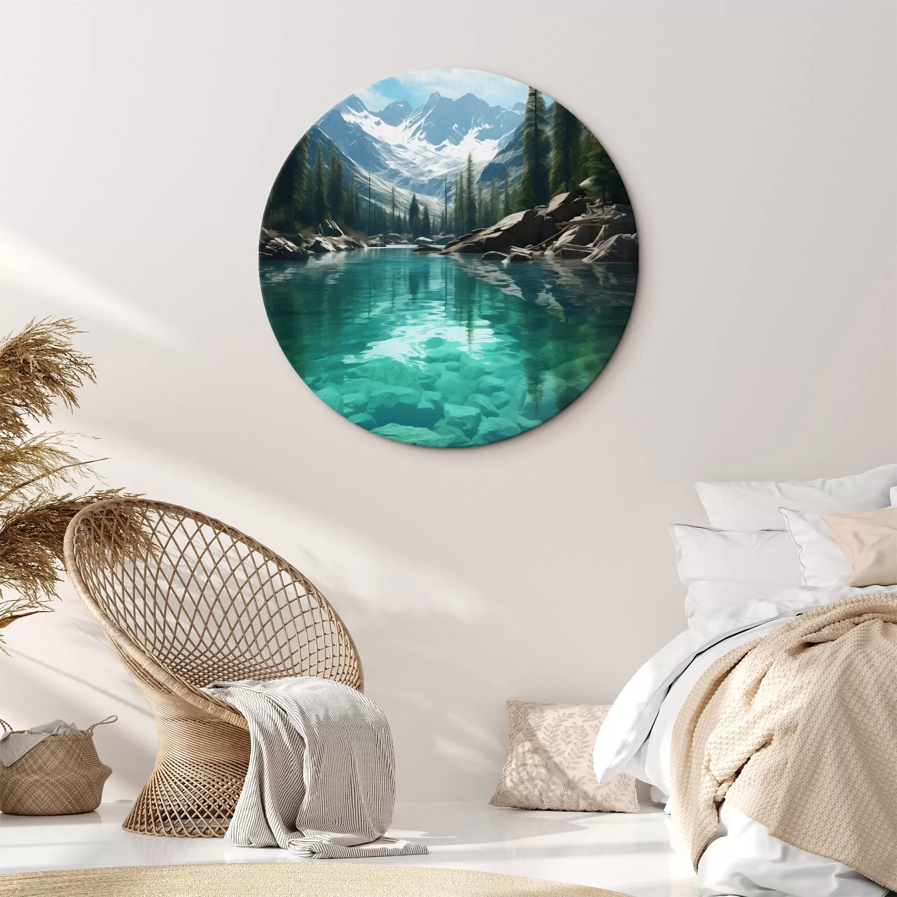  Schilderijen Heldere bergbeek met rotsachtige bodem en besneeuwde bergtoppen r46514