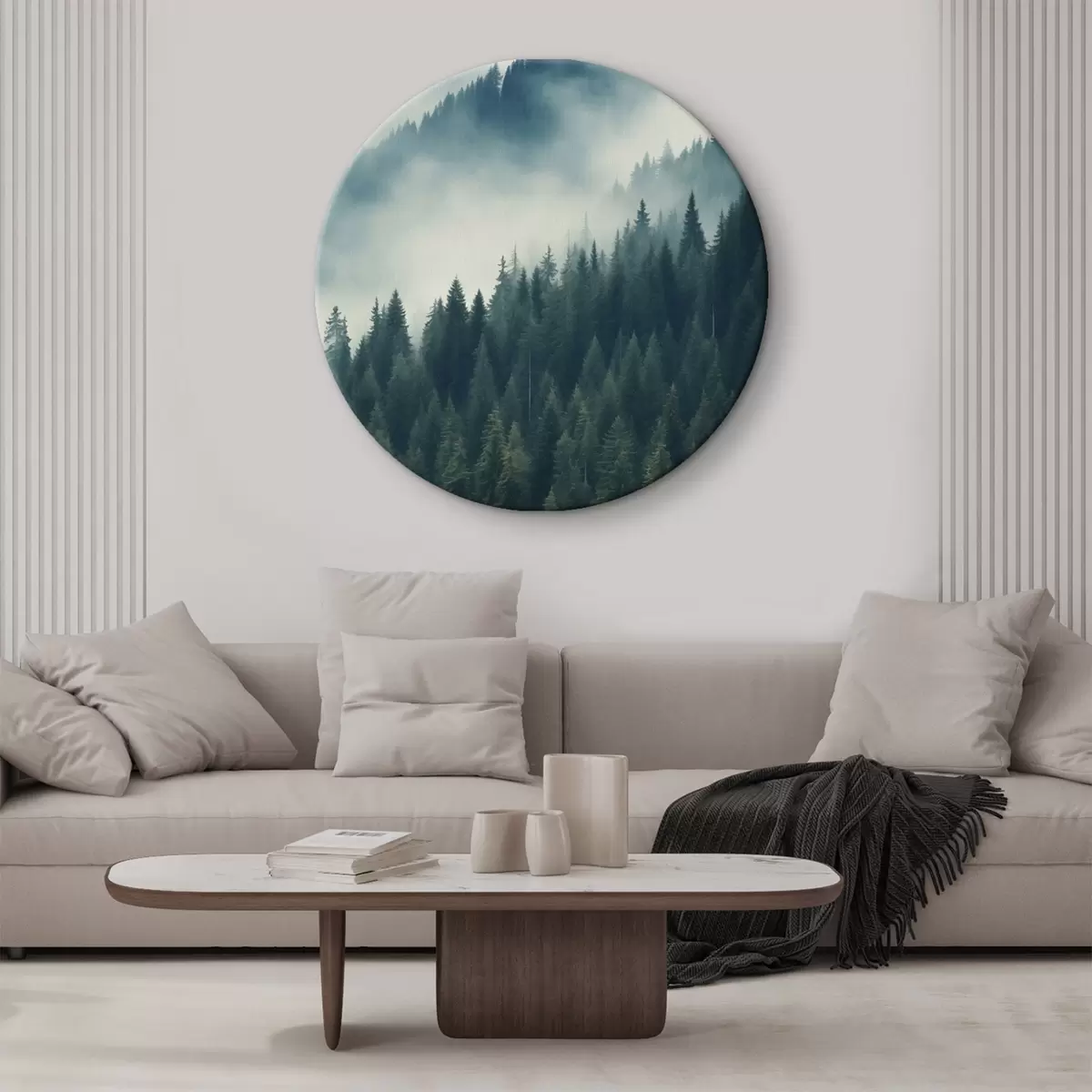 Ronde schilderijen Mist boven naaldbossen, diepgroene tinten r46516