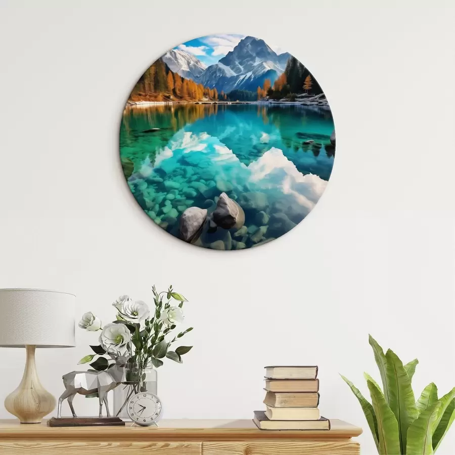  Schilderijen Bergmeer met turquoise water en herfstlariksbomen r46517