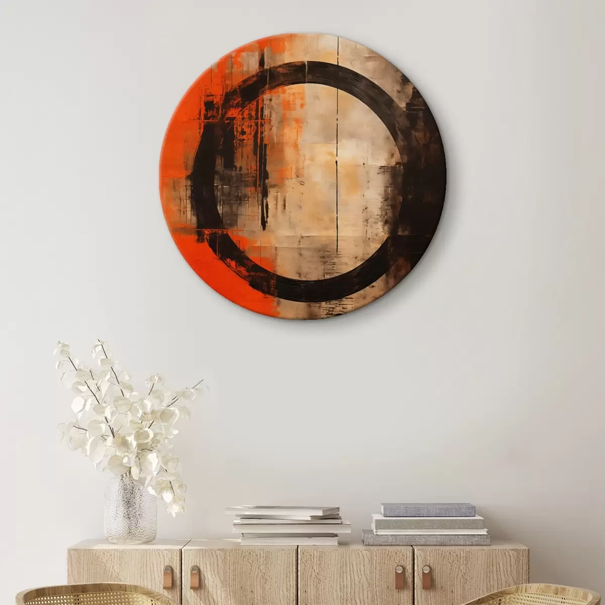 Ronde schilderijen Abstract met een grote zwarte cirkel en warme texturen r46528