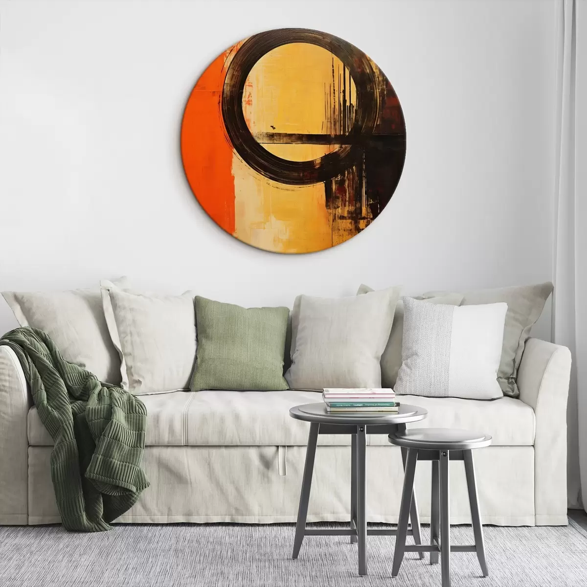 Ronde schilderijen Abstract met een zwarte ring op een terracotta-zandkleurige achtergrond r46529