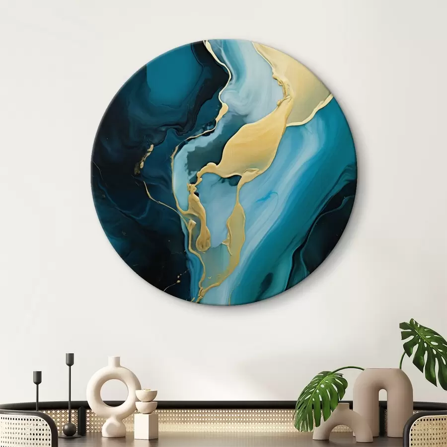  Schilderijen Tealblauw abstract met een stroom oker r46530