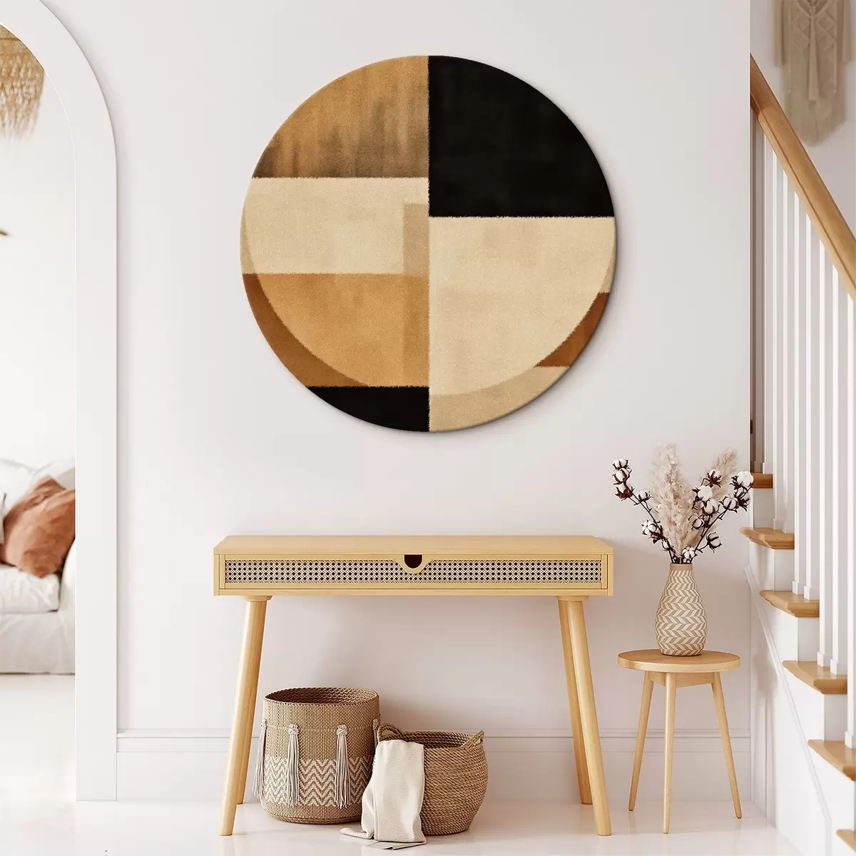 Ronde schilderijen Halve cirkels en vierkanten in warme tinten, zachte textuur r46531