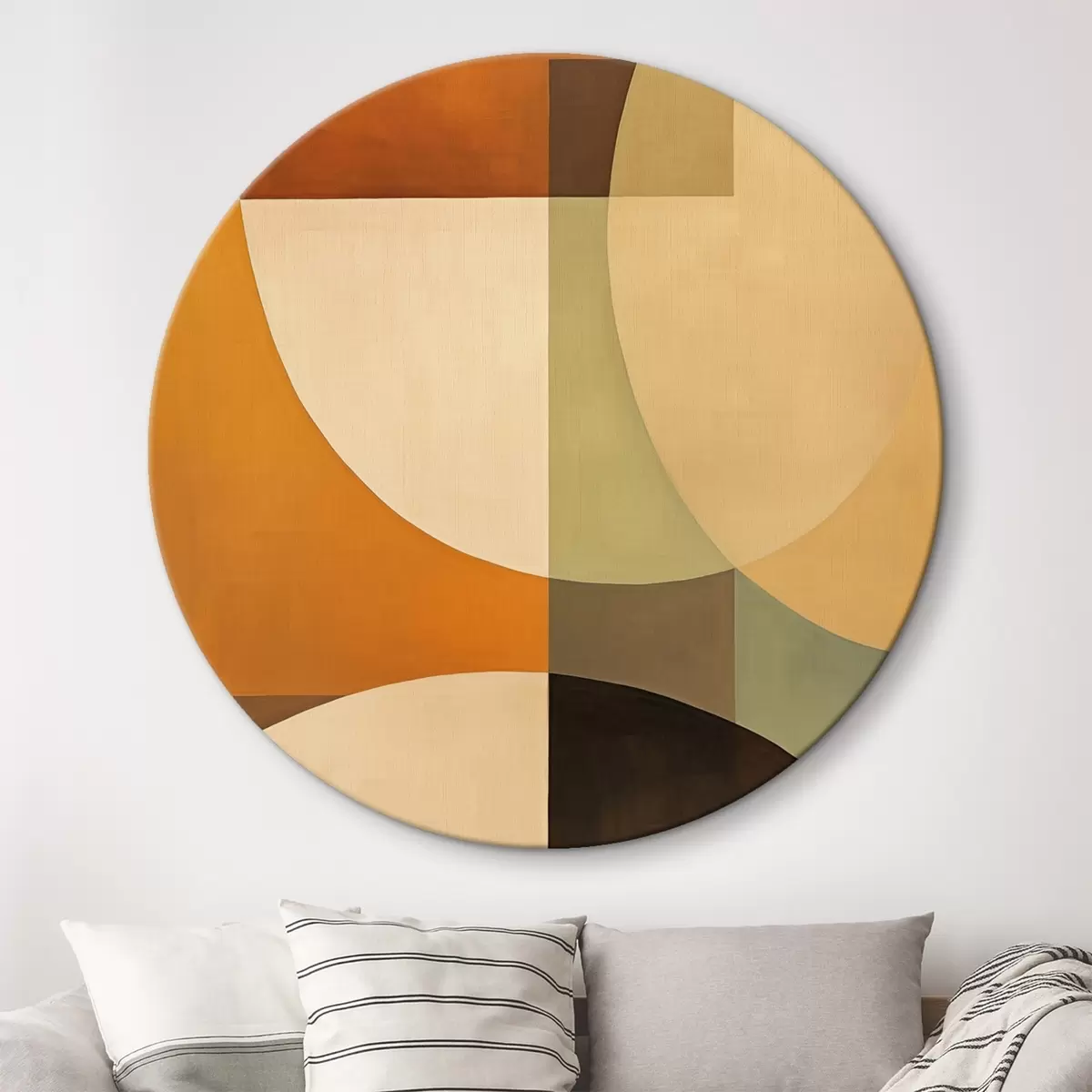 Ronde schilderijen Grote, elkaar kruisende vormen in terracotta-olijfkleurige tinten r46533