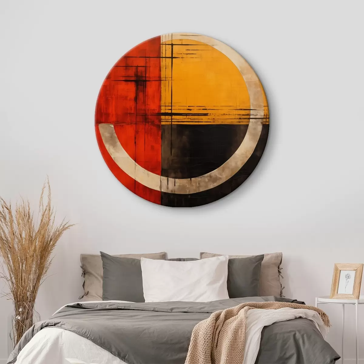 Ronde schilderijen Abstracte cirkel op een rood-zwarte achtergrond met lijnen r46535