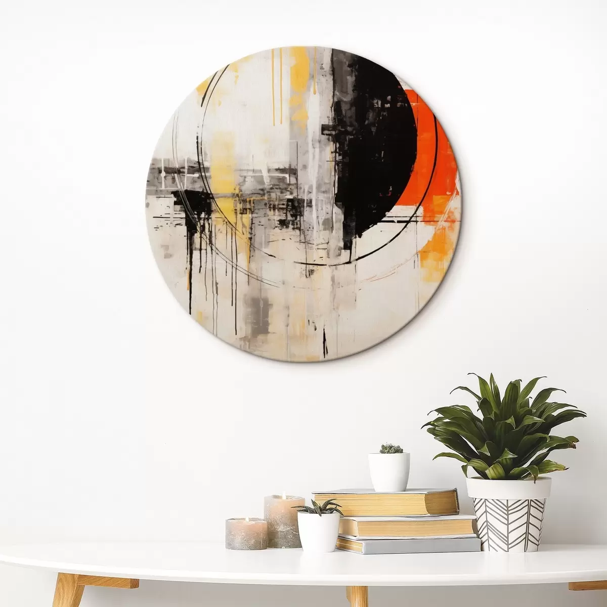 Ronde schilderijen Monochroom oranje cirkel met gestructureerde druppels r46536