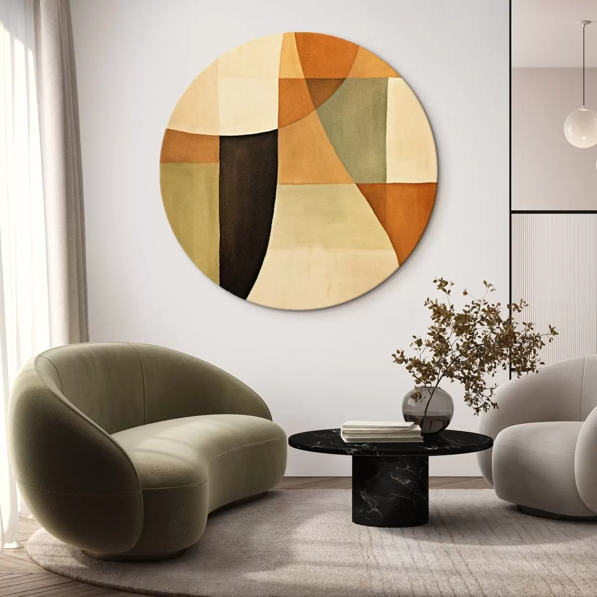 Ronde schilderijen Zachte geometrische velden in een warm, natuurlijk kleurenpalet r46538