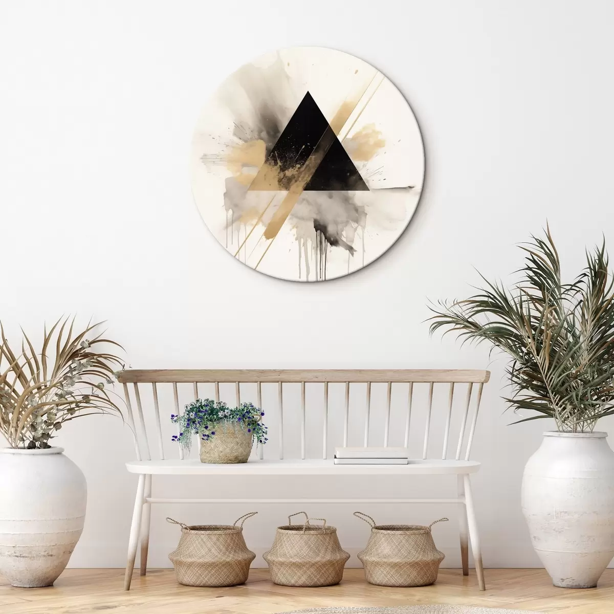 Ronde schilderijen Geometrie: zwarte driehoek met lichte spatten en lijnen r46540