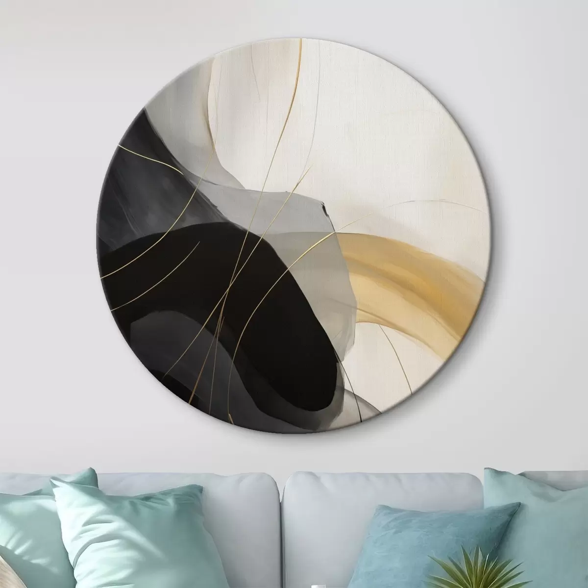 Ronde schilderijen Zachte rondingen in zwart en beige met een warm accent r46542