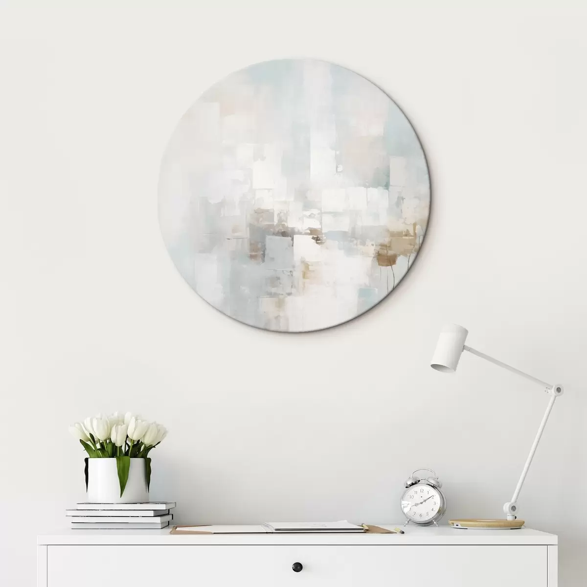 Ronde schilderijen Lichte pastelkleuren: blauw, beige, wit r46546