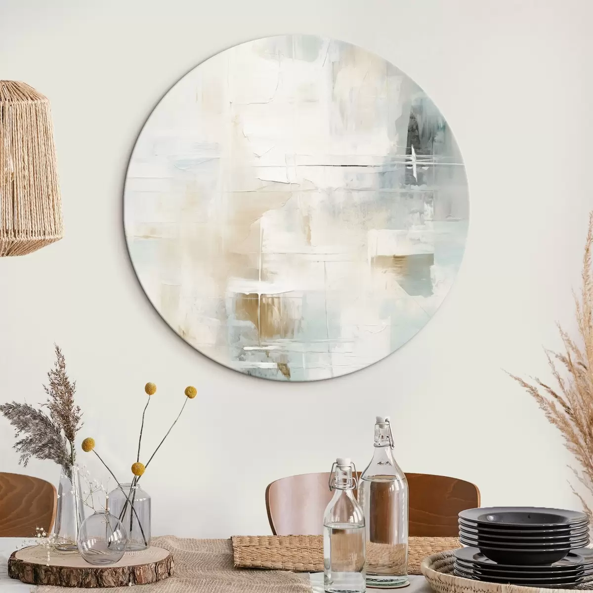 Ronde schilderijen Luchtige streken van blauw en beige op wit r46547