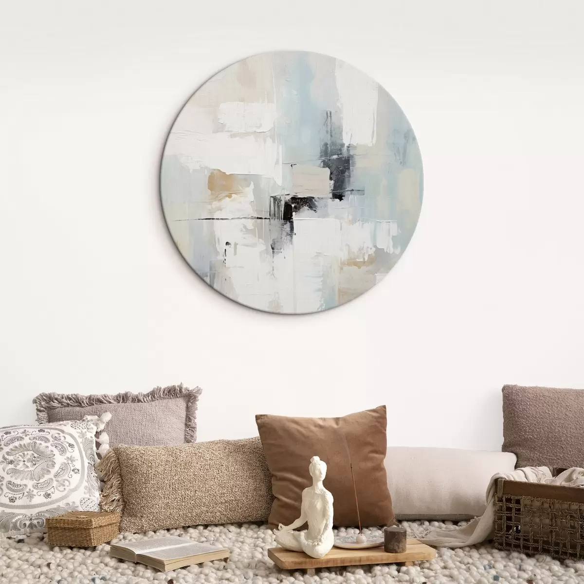 Ronde schilderijen Lichtgekleurd abstract met een zwart accent r46548