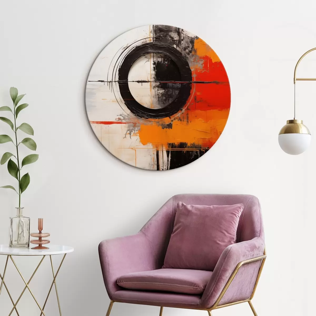 Ronde schilderijen Zwarte cirkel op wit, oranje strepen en spatten r46549