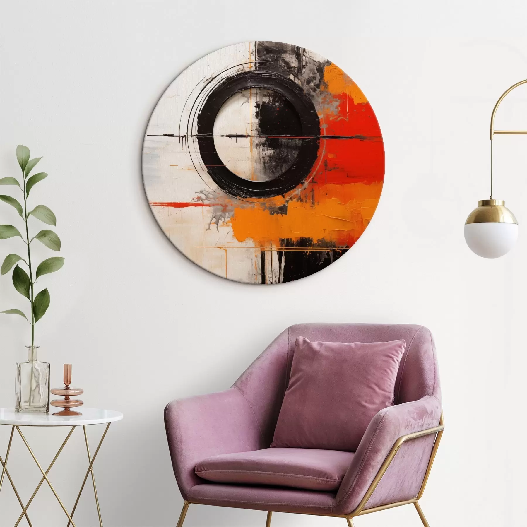  Schilderijen Zwarte cirkel op wit, oranje strepen en spatten r46549