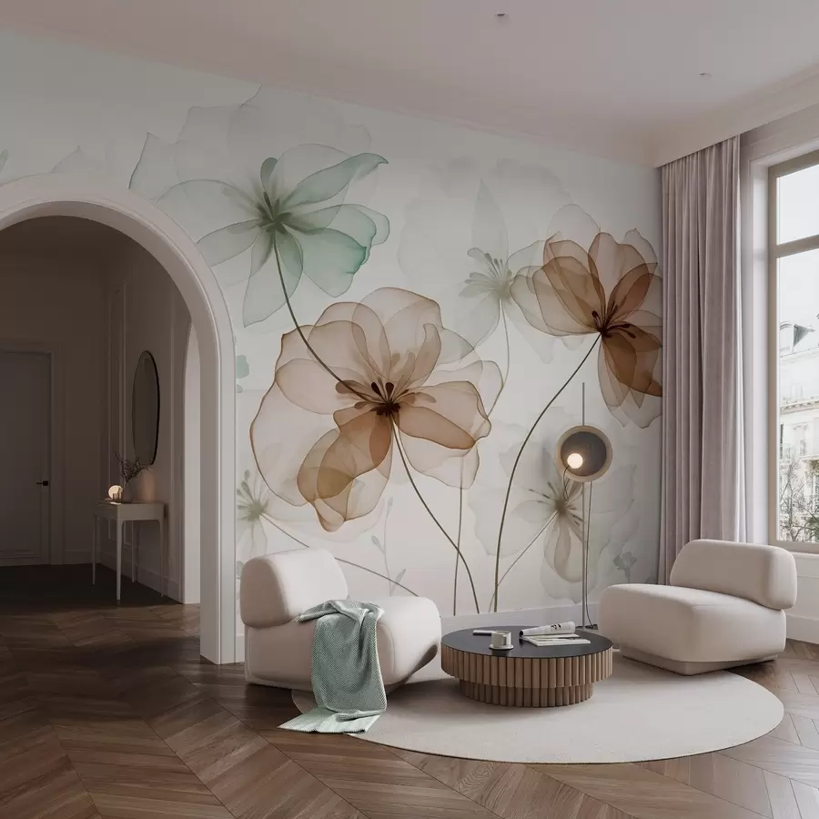 Fotobehang Doorschijnende bloemen met bruine en groene bloemblaadjes, lange stelen, lichte achtergrond, zachte kleuren, bloemmotief met textuur w09529