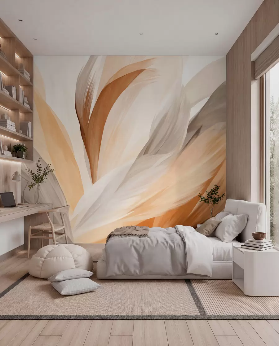 Fotobehang Abstracte gevlekte veren in bruin, wit en grijs en verschillende tinten, overlappend op een witte achtergrond w09531