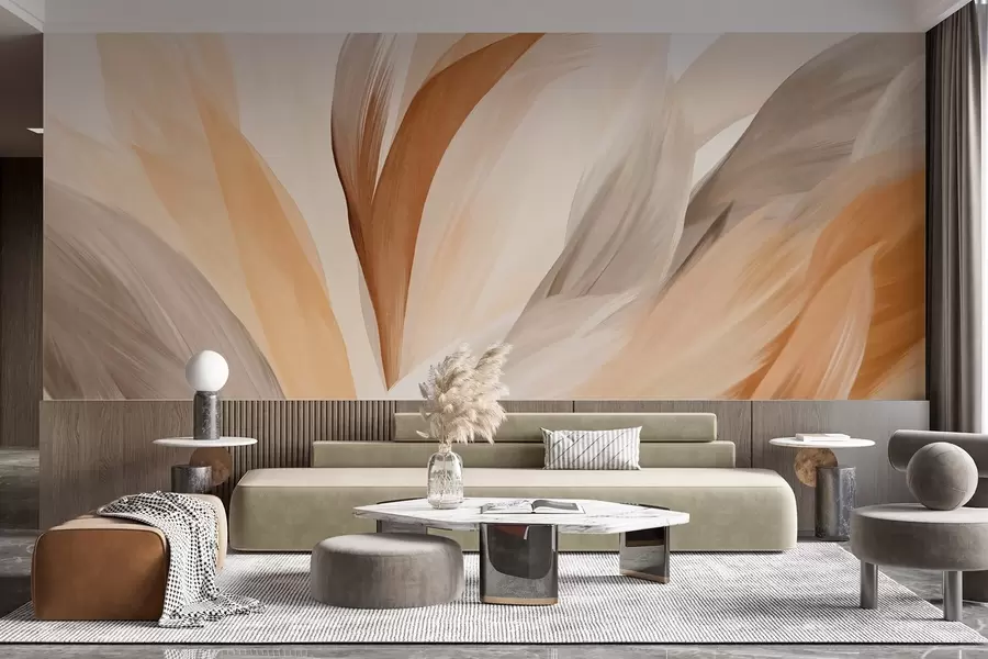 Fotobehang Abstracte gevlekte veren in bruin, wit en grijs en verschillende tinten, overlappend op een witte achtergrond w09531