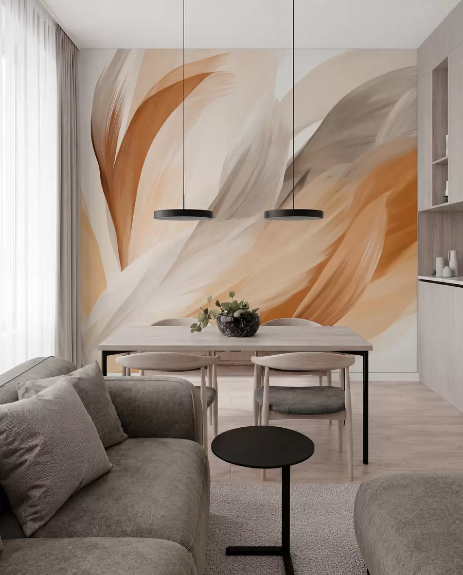 Fotobehang Abstracte gevlekte veren in bruin, wit en grijs en verschillende tinten, overlappend op een witte achtergrond w09531