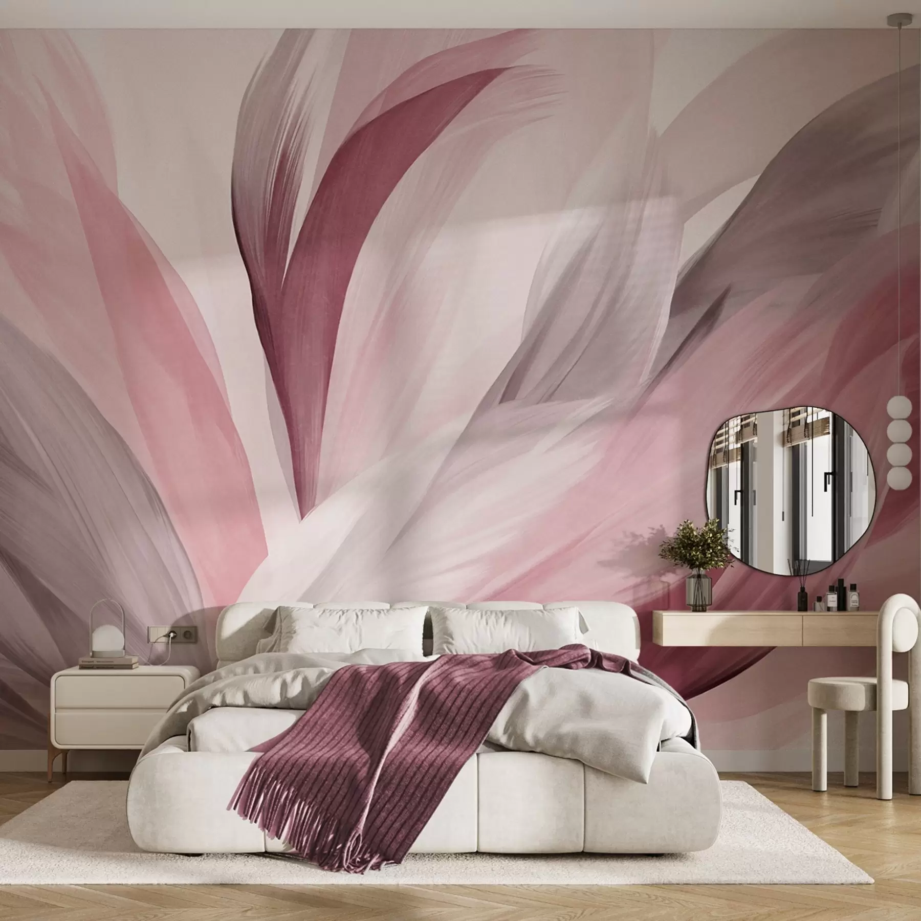 Fotobehang Abstracte gevlekte veren in roze, wit en grijs en verschillende tinten, overlappend op een witte achtergrond w09531v2