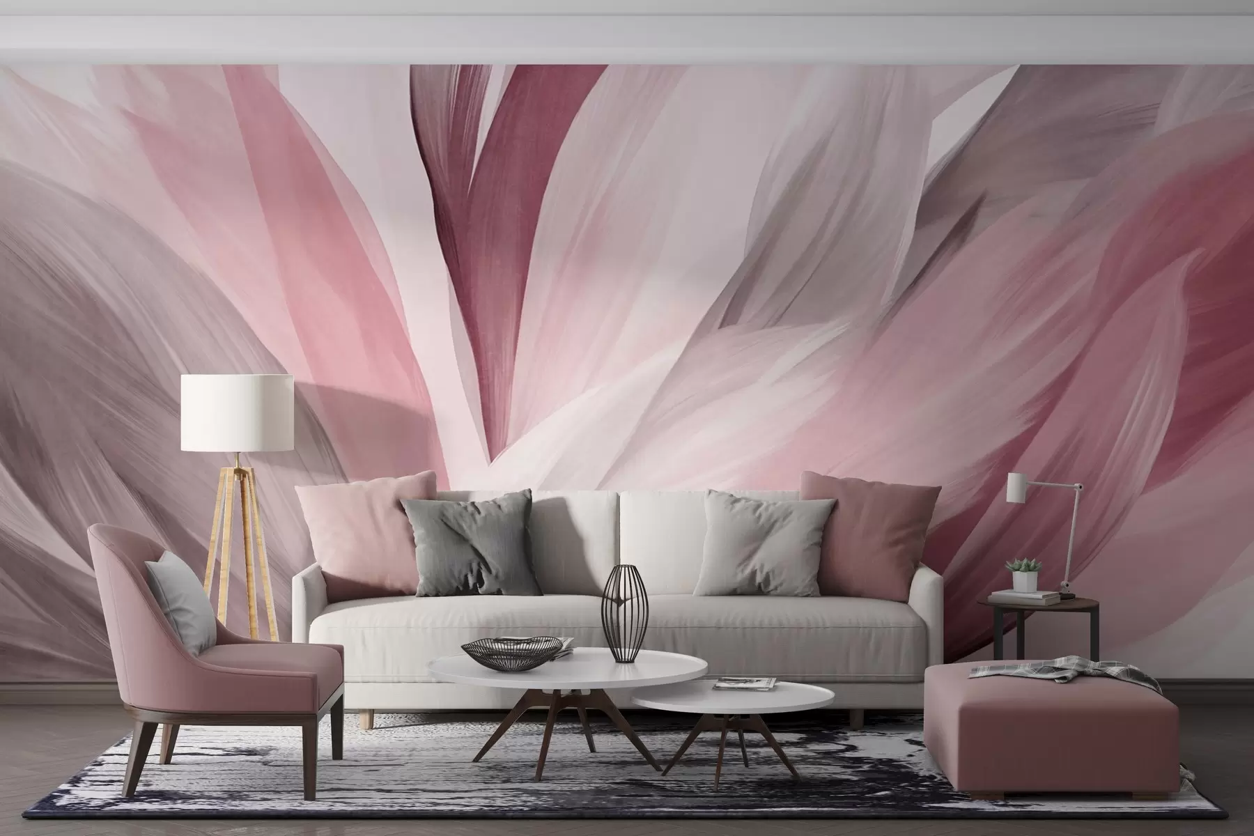 Fotobehang Abstracte gevlekte veren in roze, wit en grijs en verschillende tinten, overlappend op een witte achtergrond w09531v2