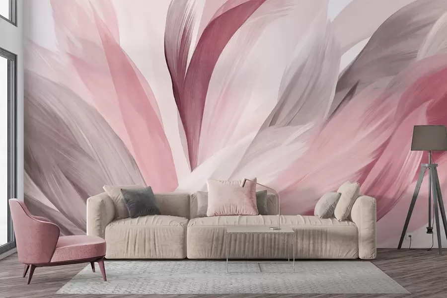 Fotobehang Abstracte gevlekte veren in roze, wit en grijs en verschillende tinten, overlappend op een witte achtergrond w09531v2