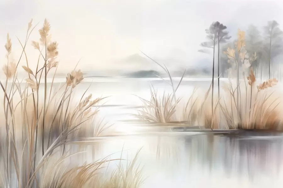 Fotobehang Landschap met een meer en hoog gras op de voorgrond, bergen op de achtergrond, zachte kleuren, textuur w09534