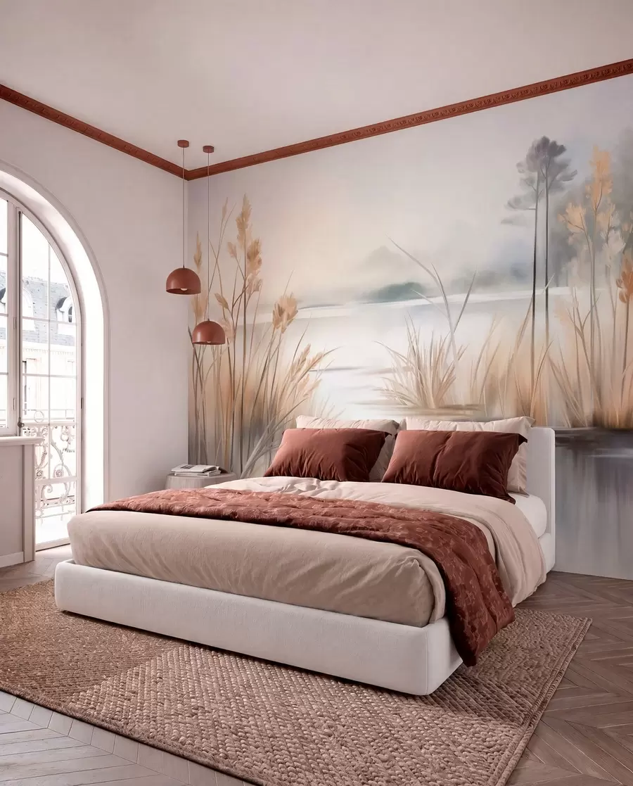 Fotobehang Landschap met een meer en hoog gras op de voorgrond, bergen op de achtergrond, zachte kleuren, textuur w09534