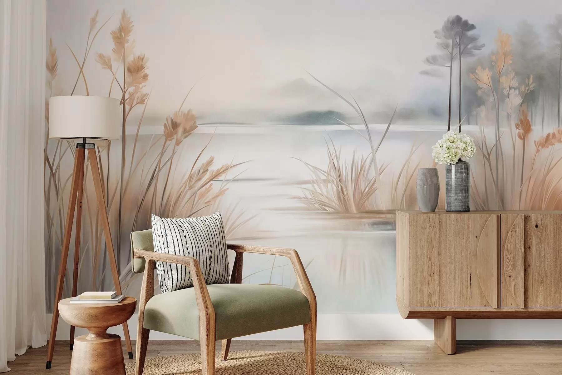 Fotobehang Landschap met een meer en hoog gras op de voorgrond, bergen op de achtergrond, zachte kleuren, textuur w09534