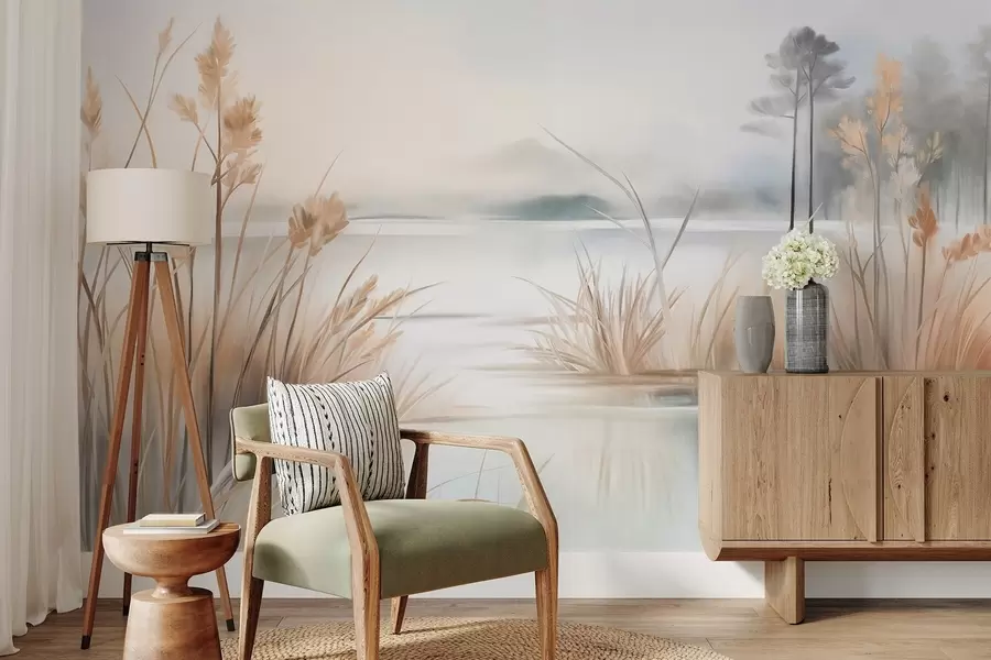 Fotobehang Landschap met een meer en hoog gras op de voorgrond, bergen op de achtergrond, zachte kleuren, textuur w09534