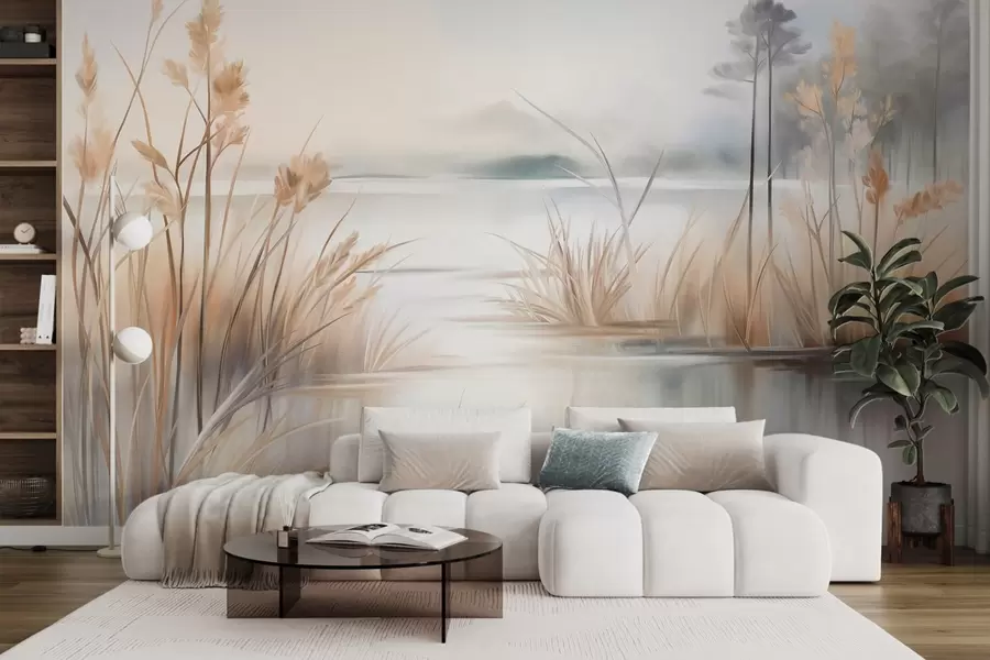 Fotobehang Landschap met een meer en hoog gras op de voorgrond, bergen op de achtergrond, zachte kleuren, textuur w09534