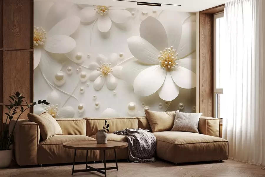 Fotobehang Witte bloemen met parels verspreid over een witte achtergrond, elegant en minimalistisch ontwerp, met textuur w09535