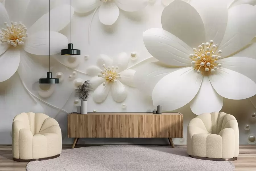 Fotobehang Witte bloemen met parels verspreid over een witte achtergrond, elegant en minimalistisch ontwerp, met textuur w09535