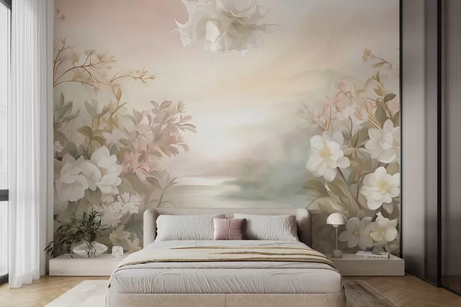 Fotobehang Een landschap met een rivier omringd door bloemen en planten, zachte kleuren, roze lucht, aquarelachtige textuurstijl w09537