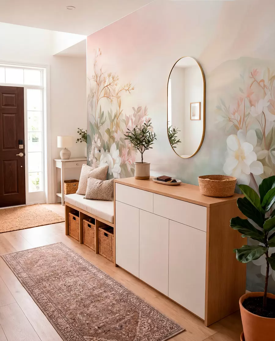 Fotobehang Een landschap met een rivier omringd door bloemen en planten, zachte kleuren, roze lucht, aquarelachtige textuurstijl w09537