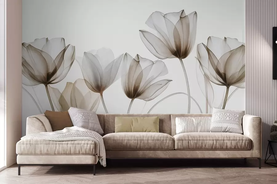 Fotobehang Doorschijnende bruine en witte tulpenbloemen met lange stelen, tegen een lichte achtergrond, delicate en gestructureerde bloemenkunst w09538v1