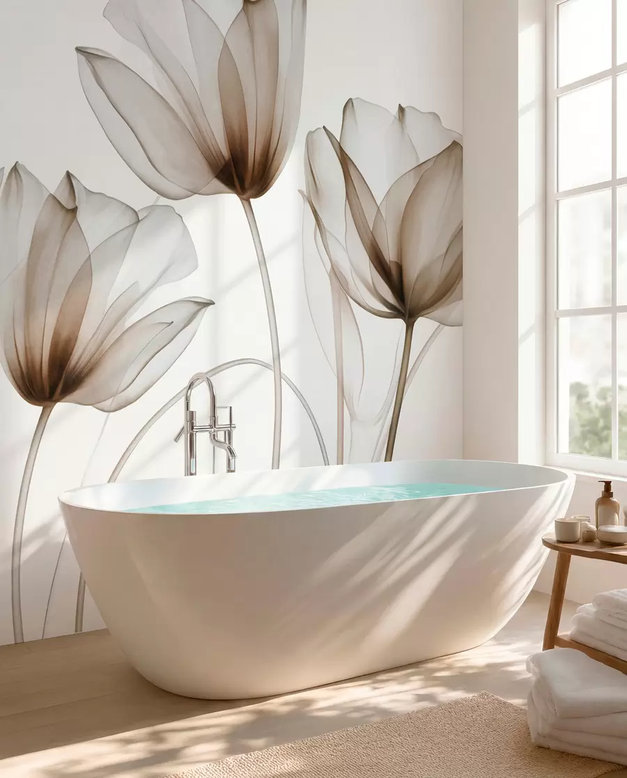Fotobehang Doorschijnende bruine en witte tulpenbloemen met lange stelen, tegen een lichte achtergrond, delicate en gestructureerde bloemenkunst w09538v1