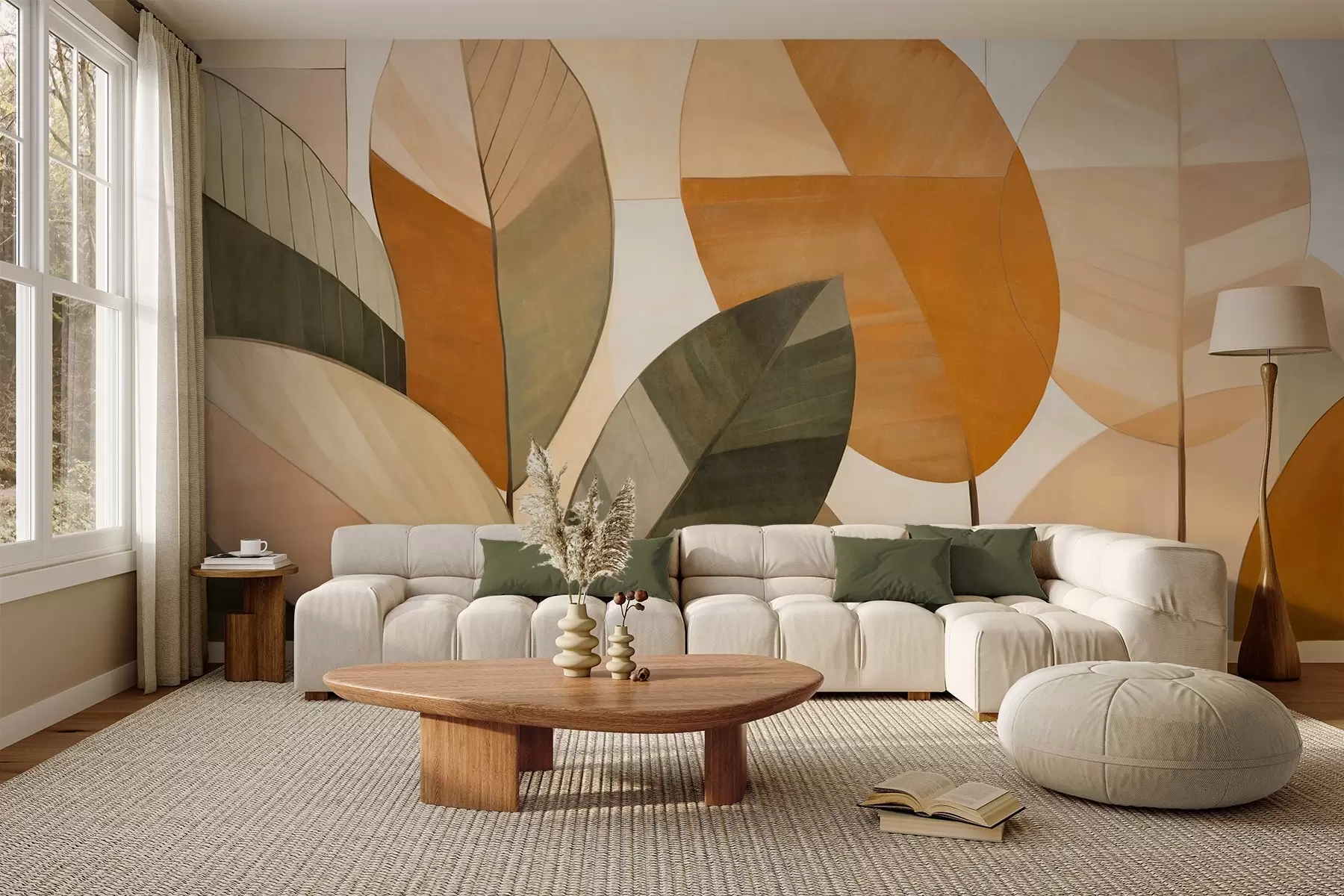 Fotobehang Abstracte grote bladeren in tinten oranje, bruin en groen, gestructureerd, gerangschikt tegen een lichte achtergrond w09539