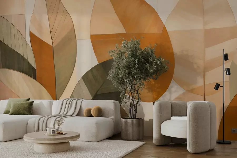 Fotobehang Abstracte grote bladeren in tinten oranje, bruin en groen, gestructureerd, gerangschikt tegen een lichte achtergrond w09539