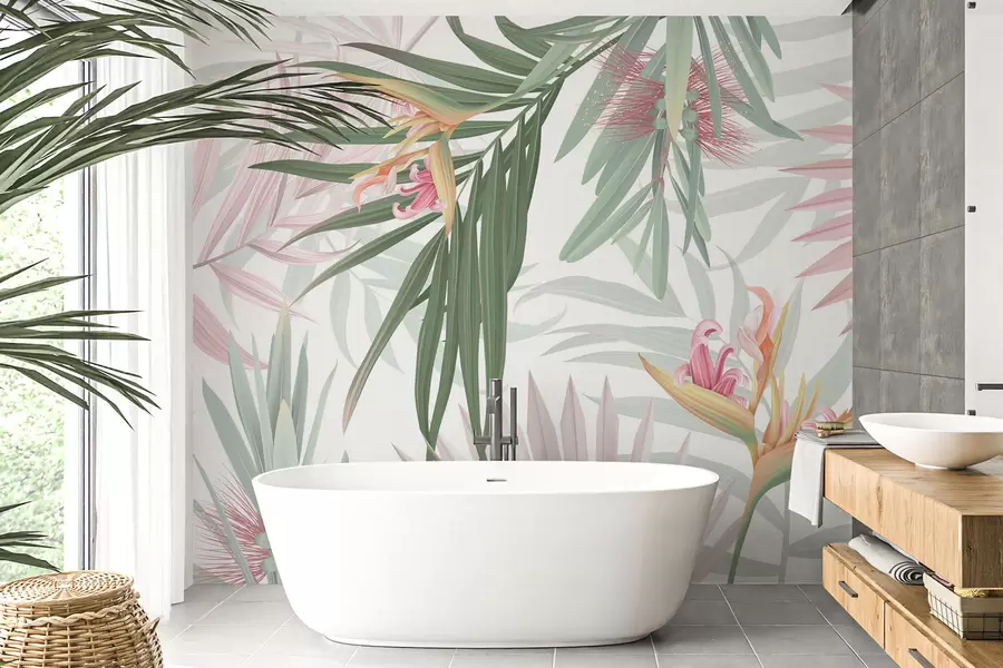 Fotobehang Strelitzia in palmbladeren w04896v2