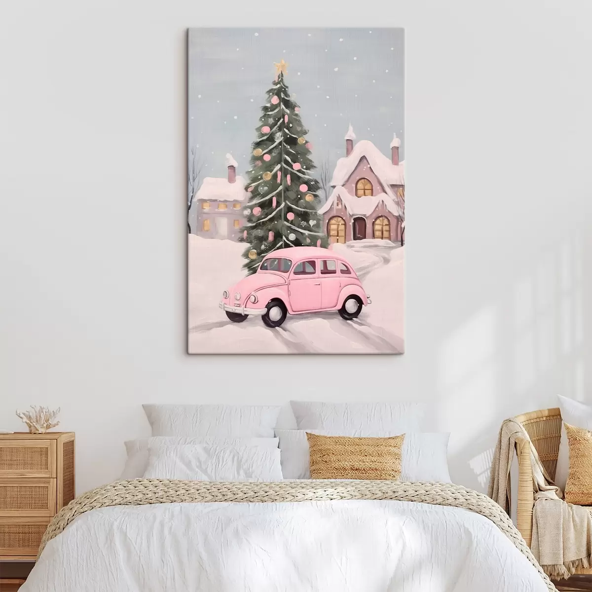  Schilderijen Roze auto en versierde kerstboom buiten het huis s46621