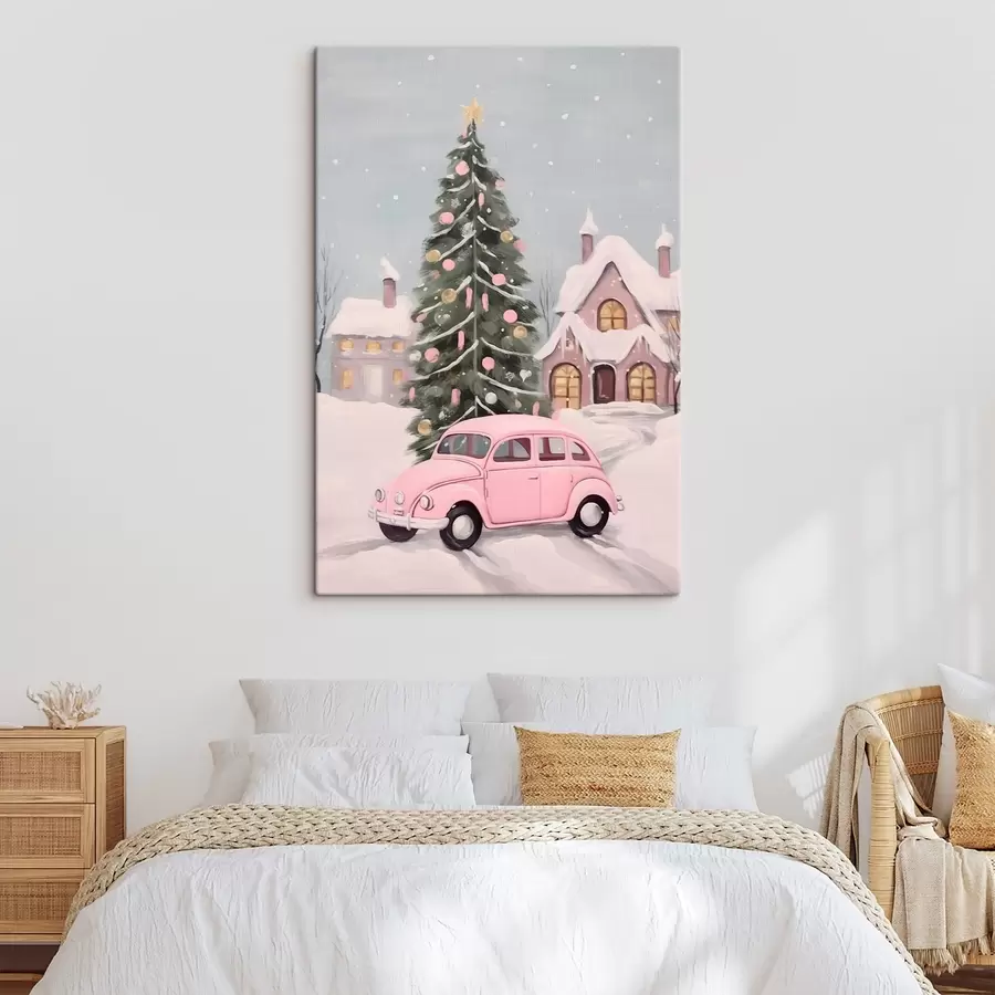  Schilderijen Roze auto en versierde kerstboom buiten het huis s46621
